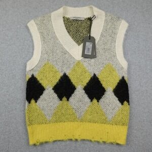 ALLSAINTS Hove Tank Womens Small White Yellow Argyle Knit V Neck Vest Sweater
